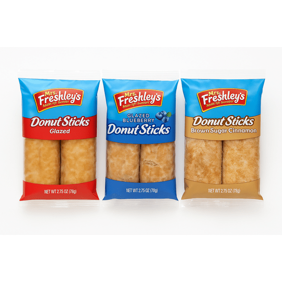 Mrs. Freshley's Donut Sticks Variety Pack | Blueberry, Brown Sugar Cinnamon, Glazed | 4 Each 2.75 oz | 12 Total 2-Packs
