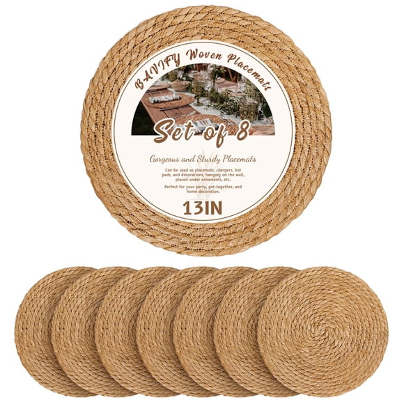Placemat BAVIFY, redondo, tejido, 13 pulgadas, juego de 8 unidades de ratán natural