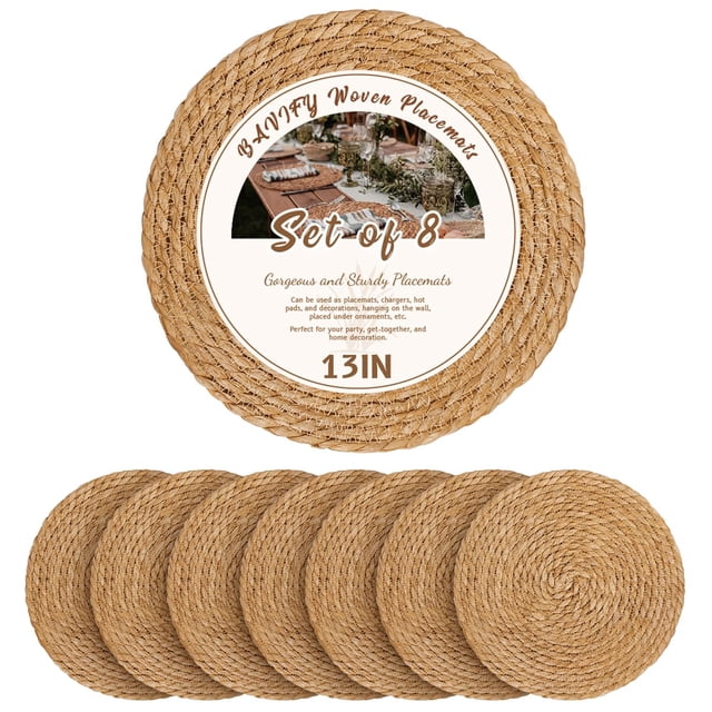 Placemat BAVIFY, redondo, tejido, 13 pulgadas, juego de 8 unidades de ratán natural