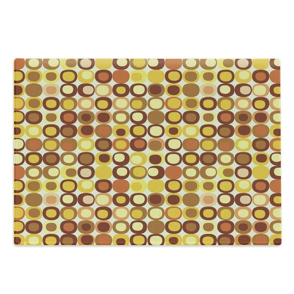 Mid Century Cutting Board, Retro-Themed Styled Round Edged Square Pattern in Old Earth Tones, Decorative Tempered Glass Cutting and Serving Board, Large Size, Brown Yellow Coral, by Ambesonne