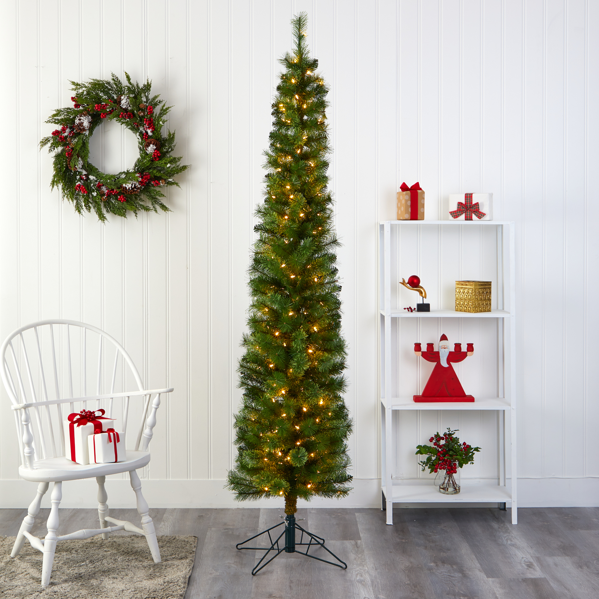 7ft. Green Pencil Artificial Christmas Tree with 150 Clear (Multifunction) LED Lights and 338 