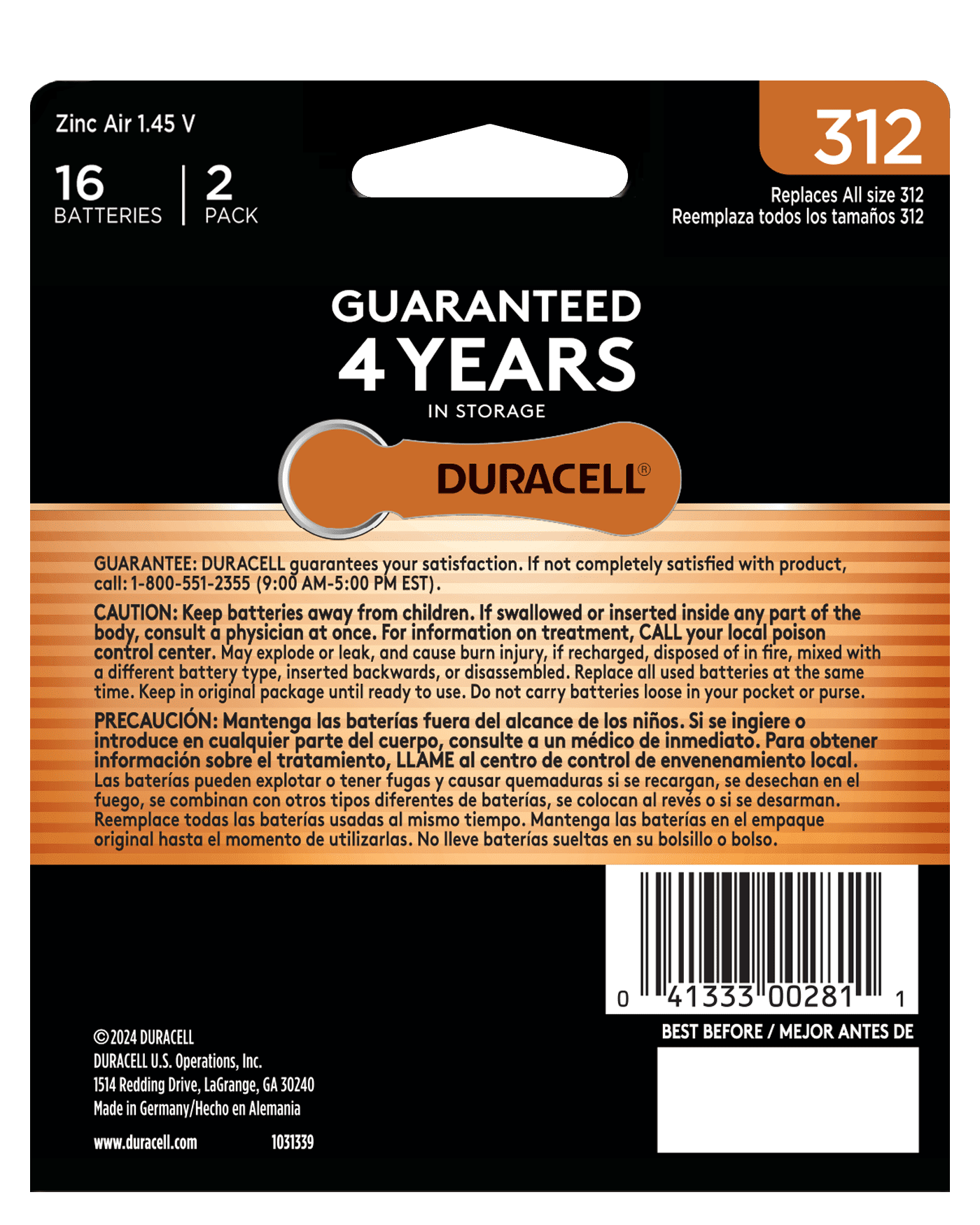 (3 pack) Duracell EasyTab 312 Hearing Aid Batteries, Size 312 - Brown, 16 Pack