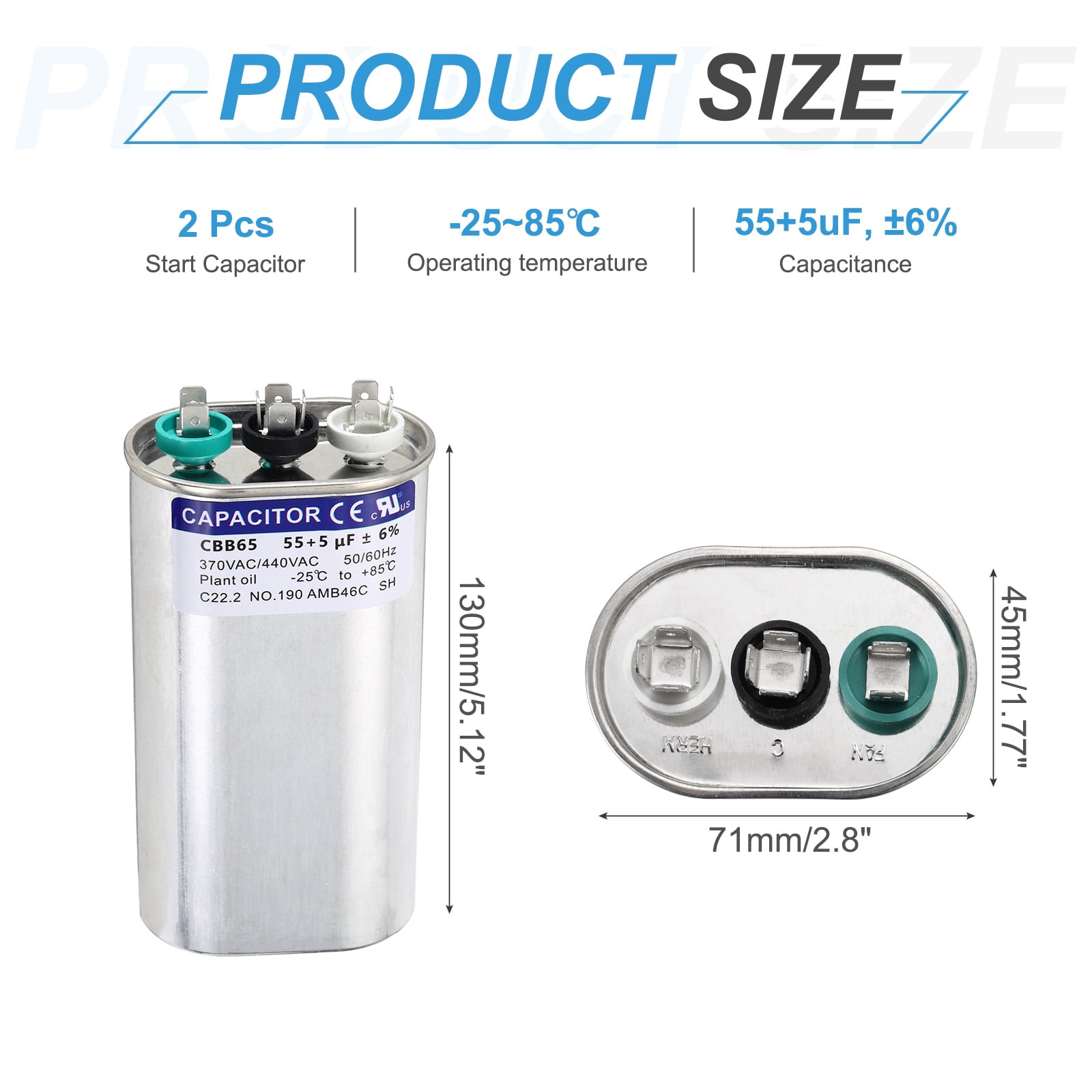Uxcell 2Pcs 55+5MFD CBB65 Run Start Capacitor 55+5uF, 370/440V Oval AC Capacitor for AC Motor Run, HVAC, Air Conditioner, Condenser Motors