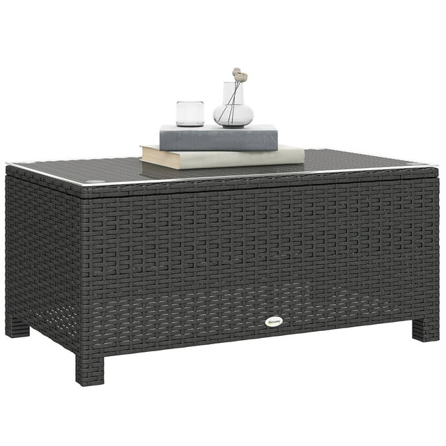 Outsunny Rattan Outdoor Coffee Table with Tempered Glass Top, Dark Grey