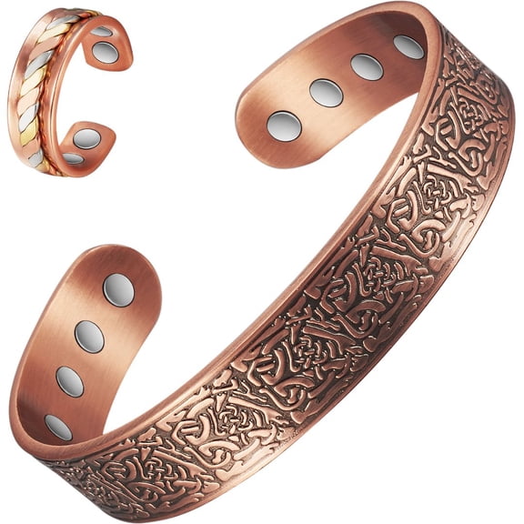 Wollet Magnetic Copper Bangles Bracelets & Ring for Men, for Large Wrist, Pure Copper Jewelry Set,Christmas Gift