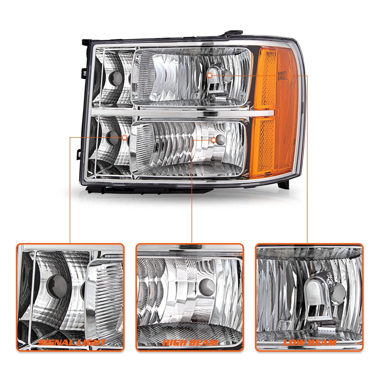 For 2007-2013 GMC Sierra 1500 2500HD 3500HD Halogen Chrome Amber Headlights L+R