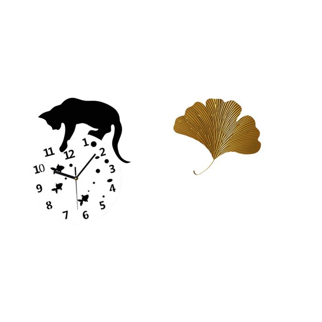 Reloj de pared,Reloj de pared de gato para sala de estar,dormitorio decorativo.,Esculturas de pared de hojas,Esculturas de pared de hierro forjado con hojas de ginkgo,Escultura de pared con