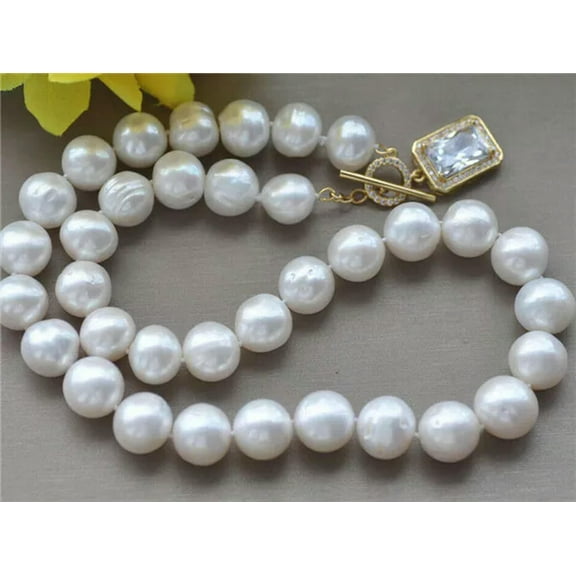 EOEMY 18" 12-13mm White Round Freshwater Pearl Necklace Cz Clasp