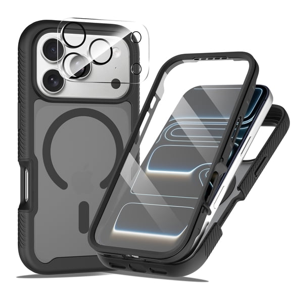 Dteck Magnetic Full Body Protection Case with Camera Lens Protector for iPhone 17 Pro Max,Shockproof TPU PC Built-in Screen Protector Case Compatible with Mag Safe Matte Back Cover ,Black