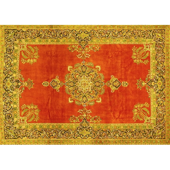 Ahgly Company Machine Washable Indoor Rectangle Persian Yellow Traditional Area Rugs, 7' x 9'