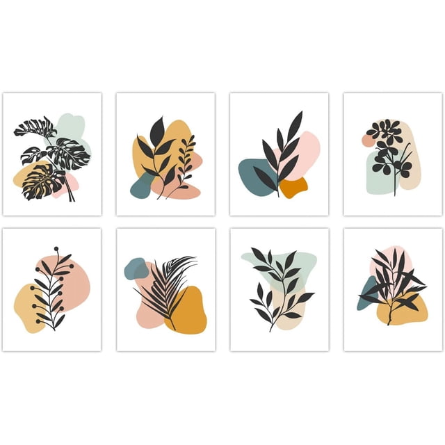Juego de 8 impresiones en lienzo con plantas coloridas, arte de pared, impresiones artísticas, impresiones abstractas florales, pósteres de hojas, pinturas en lienzo sin marco.