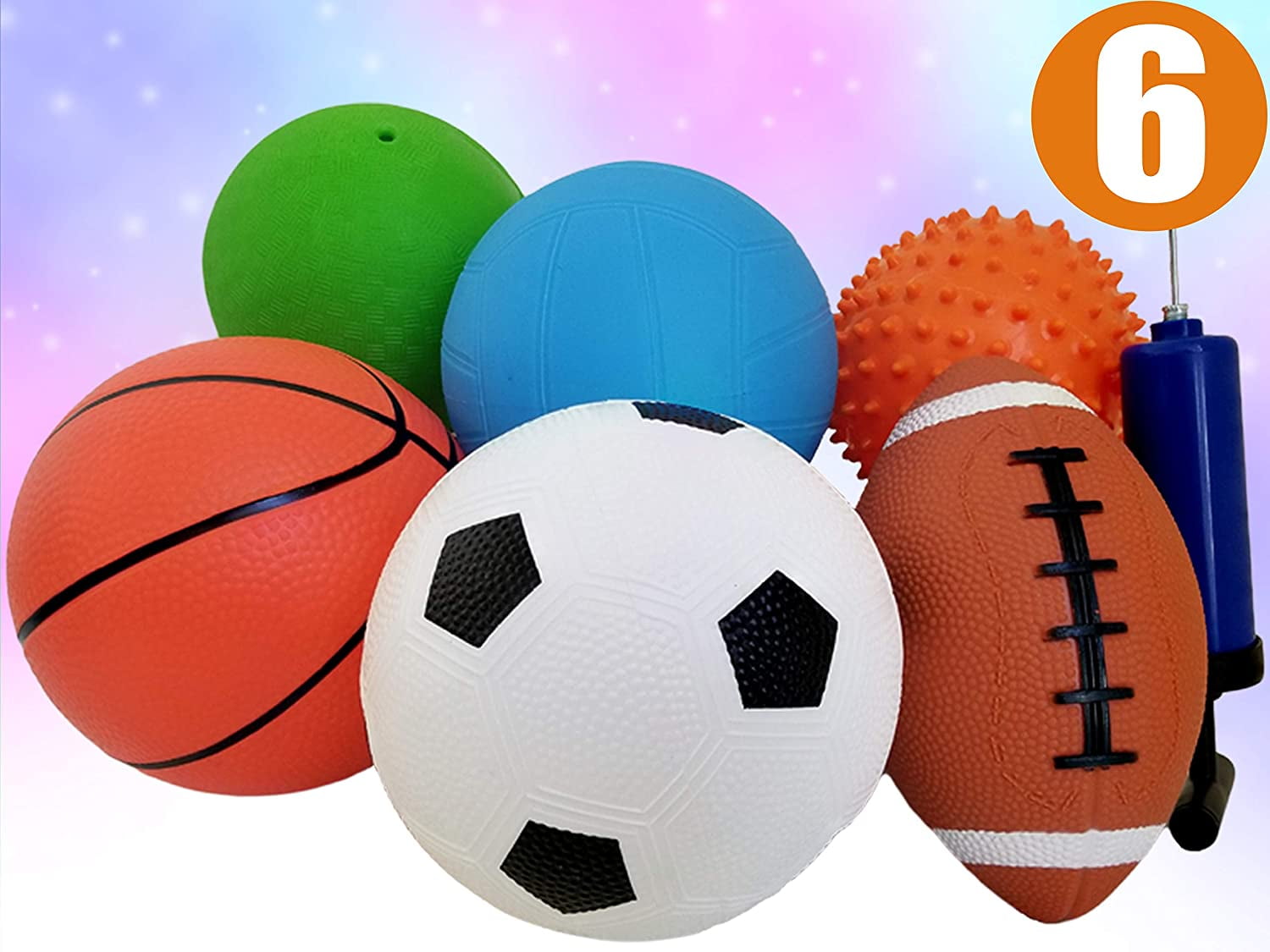 4 Sports Playground Balls LOT with Pump 5' Soccer Football Basketball Dodge ball 