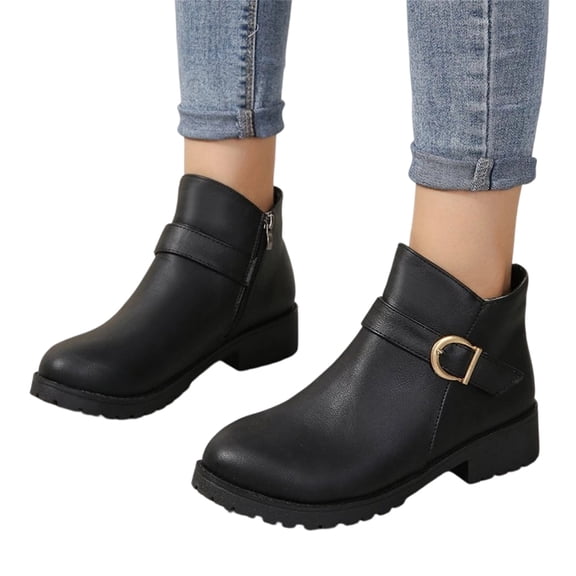 LRGSHF Womens Faux Leather Ankle Boots Side Zipper Low Chunky Heel Chelsea Booties Round Toe Short Boots with Buckle Strap Classic WesternNon Slip Casual Walking Booties