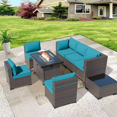 ALAULM 8 Pieces Outdoor Patio Furniture Set with Propane Fire Pit Table Outdoor Sectional Sofa Sets Patio Furniture 43 Gas Fire Pit Brown PE Rattan Patio Conversation Set w/6 Cushions Blue