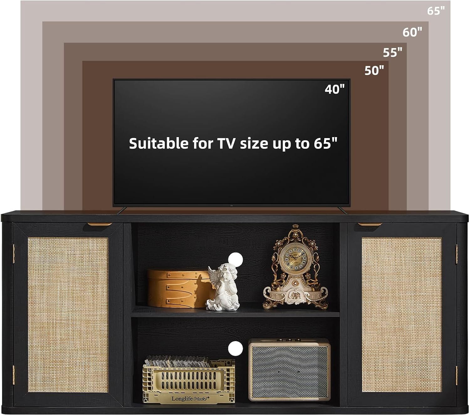 59"W Rattan TV Stand with 2 Doors– Large Boho Farmhouse TV Cabinet Media Console with Adjustable Shelves & Spacious Countertopfor Living Room, Black