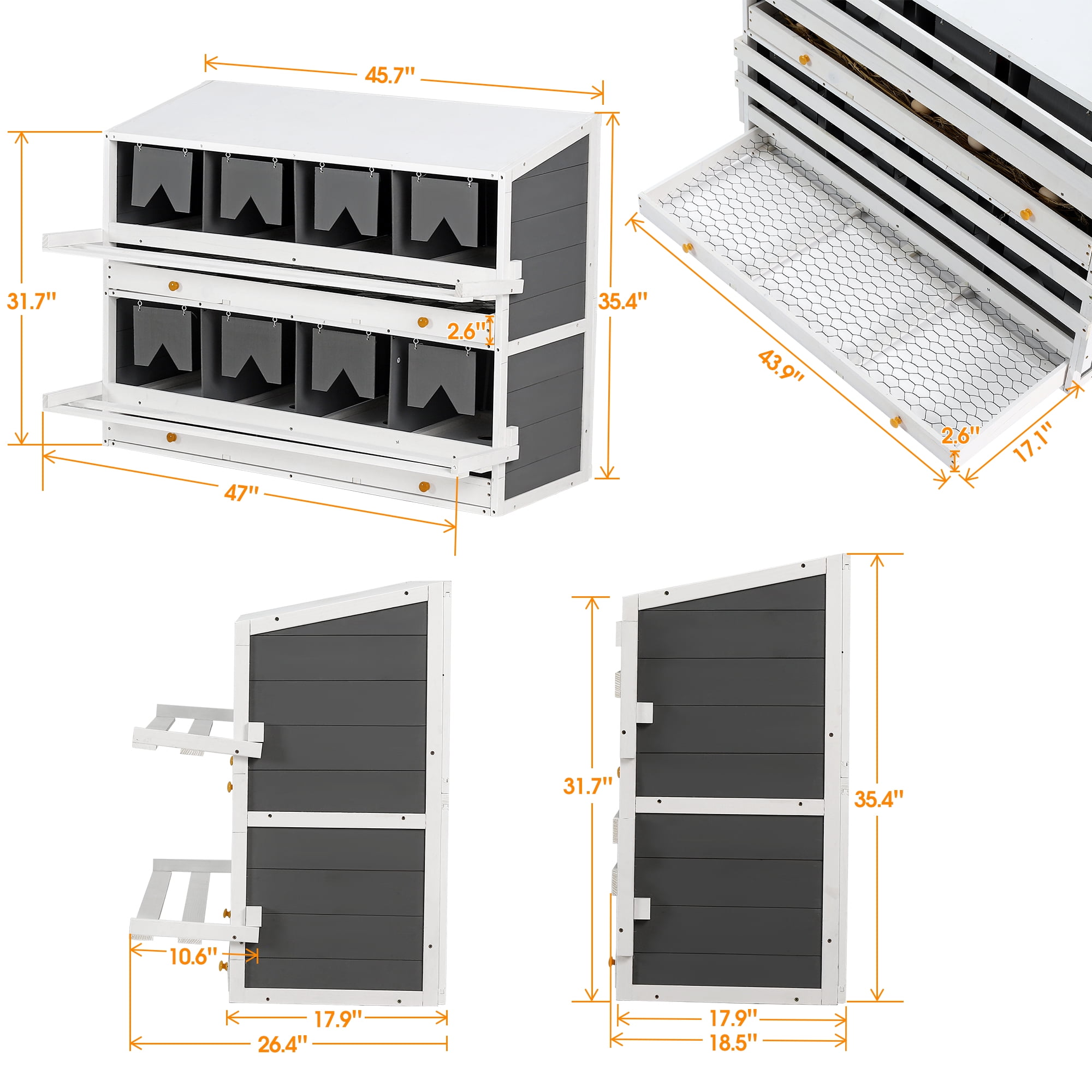 Pefilos 47" Wood 8 Compartments Egg Laying Boxes for Hens, Chicken Nesting Box for Laying Eggs with 2 Roll Out Egg Collection Drawers, Gray Pefilos 47" Wood 8 Compartments Egg Laying Boxes for Hens, Chicken Nesting Box for Laying Eggs with 2 Roll Out Egg Collection Drawers, Gray