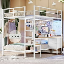 Aunfebrco Full Over Twin Metal Bunk Bed with Desk & Charging Station & Led Lights for Adults, Metal Loft Bed with with Drawers & Storage Shelves & Stairs & Full-Length Guardrail, White
