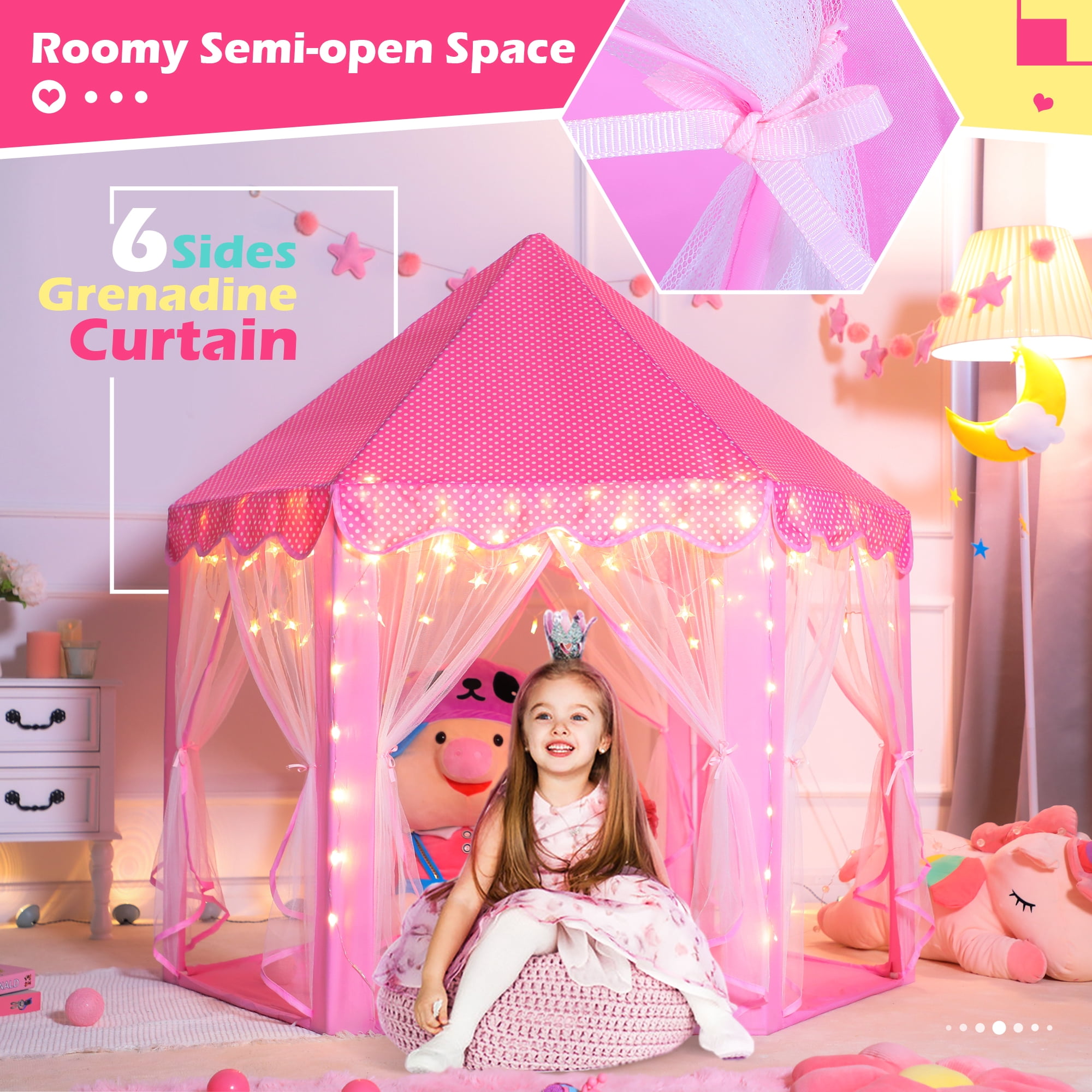 PigPigPen Princess Castle Kids Tent for 3-12 Years Girls Toddlers Playhouse Indoor Outdoor Toys with Star Lights