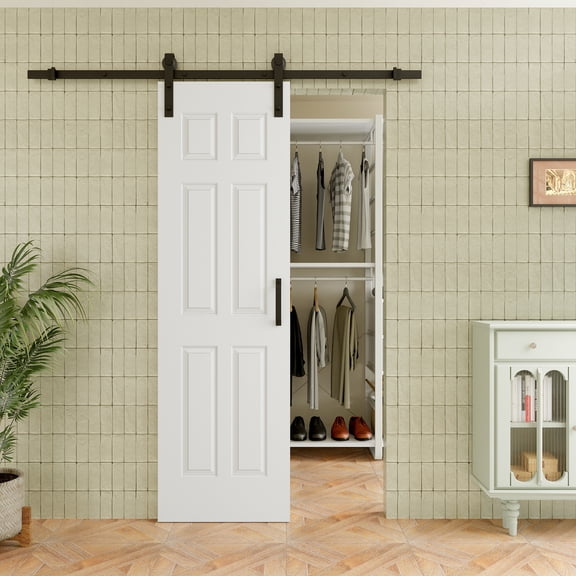 24" x 80" 6-Lite Waterproof White Primed Solid Core Composite MDF Wood Sliding Barn Door With Hardware Kit