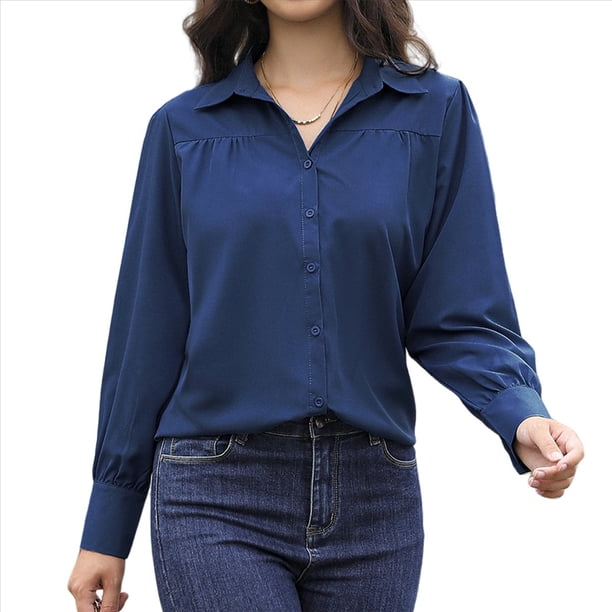 Blusa Elegante de Larga para Mujer, Estilo Informal, con Cuello Abotonado y Plisada Al Frente. Azul Marino L