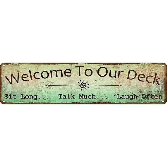 Welcome to Our Deck Metal Sign, Outdoor Living, Rustic Decor-16 x 6 Inches-Aluminum