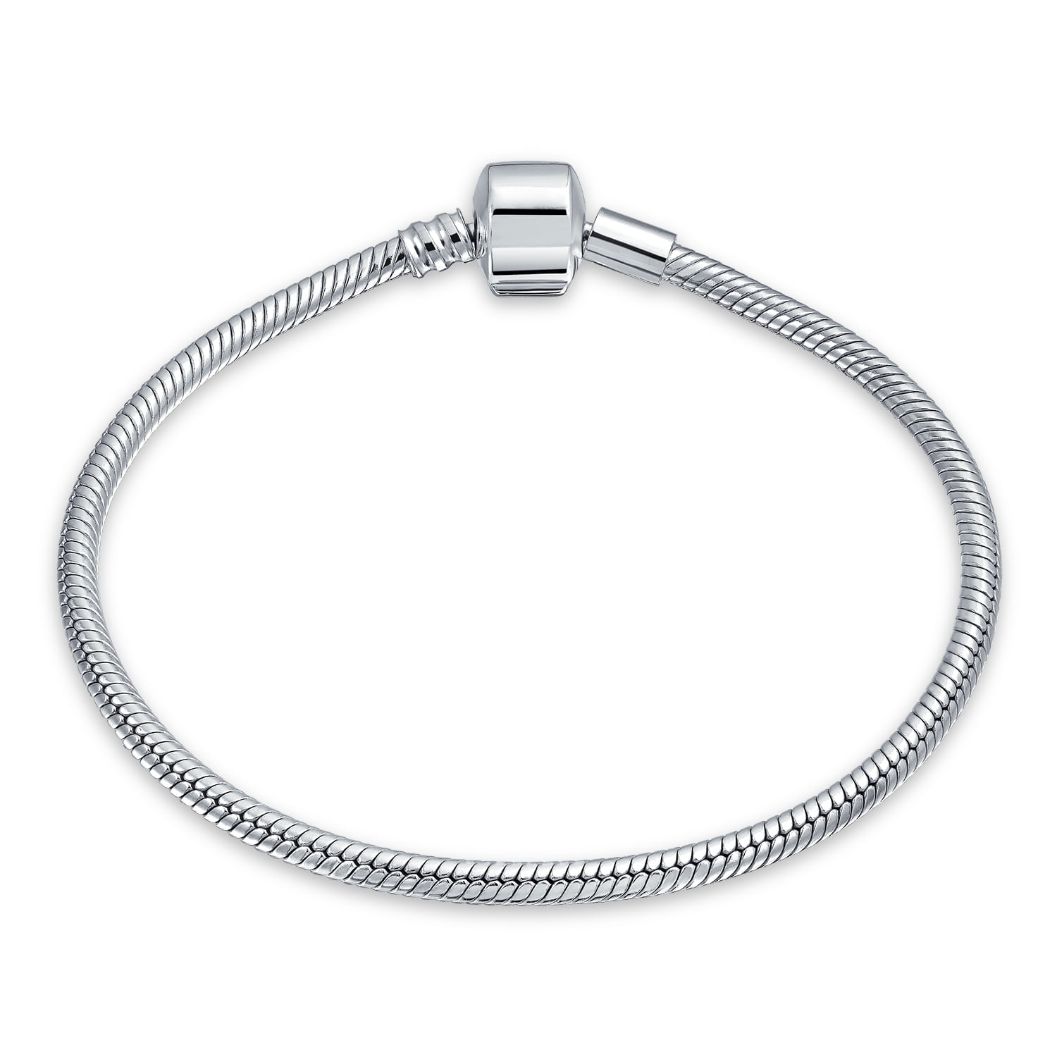 Solid Sterling Silver European snap clasp snake chain Charm Bracelet in 9 Sizes. 