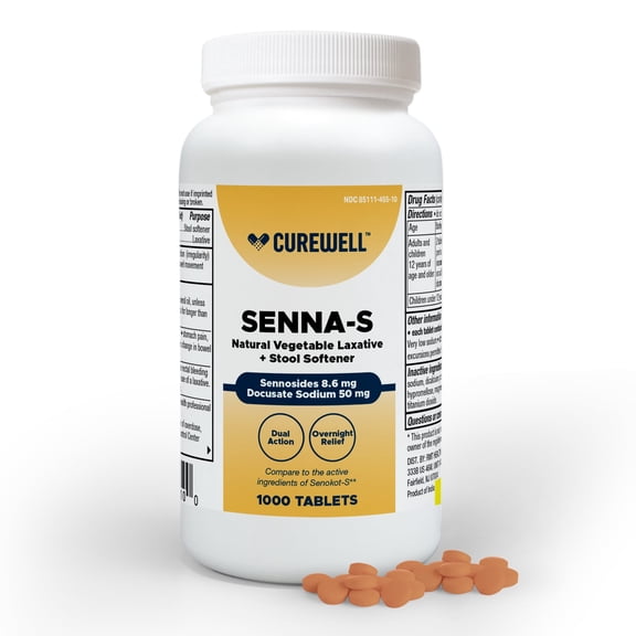 CUREWELL Senna-S Dual Action Natural Vegetable Laxative Plus Stool Softener (1000 Count) | Sennosides 8.6mg Docusate Sodium 50mg | Relieves Occasional Constipation & Irregularity | Tablets