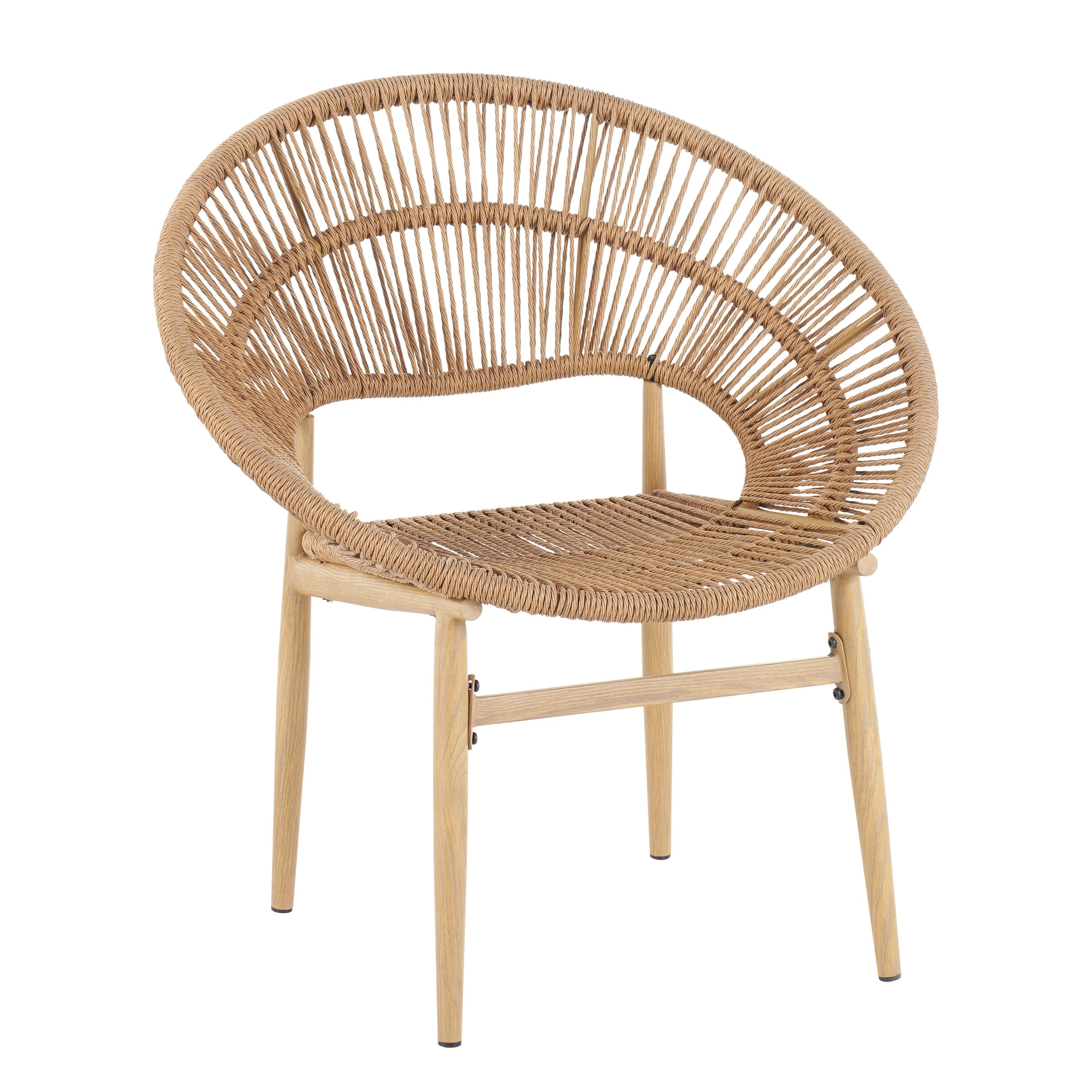 Dining Chairs, Set of 2 Outdoor Papasan Style Dining Chairs PE Wicker With Teak Finish Iron Legs And Beige Cushion, For Patio Dining, Light Brown Beige