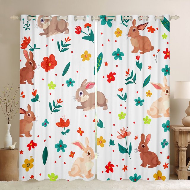 YST Rabbit 30%-50% Blackout Curtains Cartoon Rabbits Curtains & Drapes For Kids Teen Girls Cute Animal Print Curtains Colorful Flowers Leaves Window Treatments 42''Wx84''L