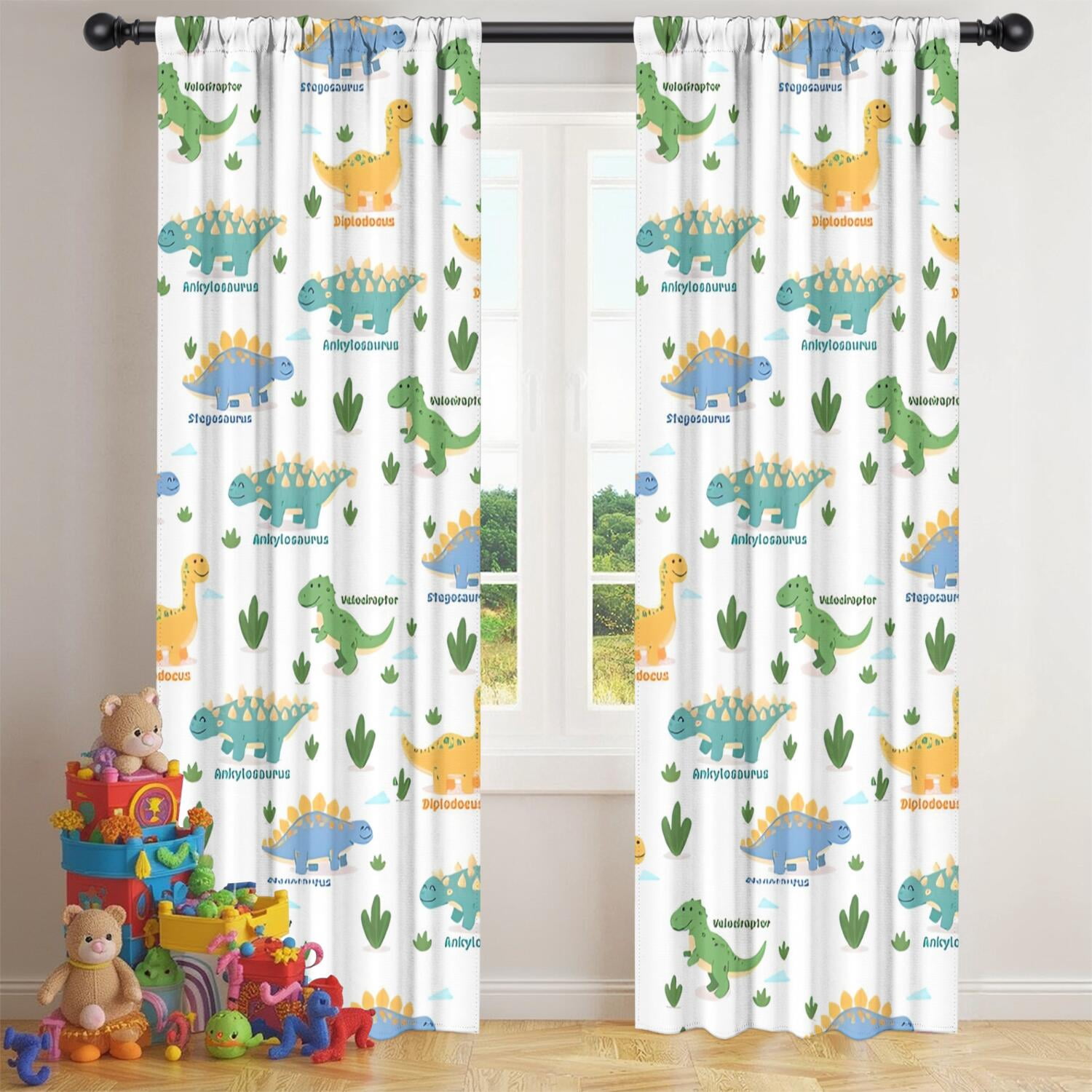 Blackout Kids Curtains,Green Dinosaurs Cacti Pattern Childrens Insulated Curtains Set Of 2,Bedroom Essentials,Toddler Room Decor 42"x84"