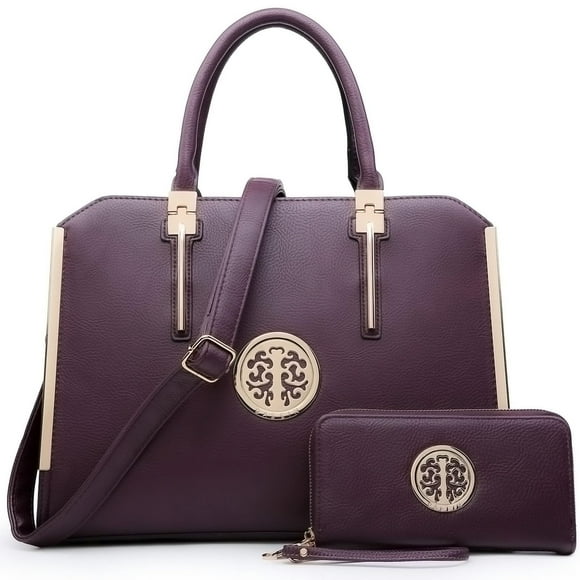 Dasein Women Large Satchel Handbag Shoulder Purse Top handle Work Bag Tote With Matching Wallet (Dark Purple)