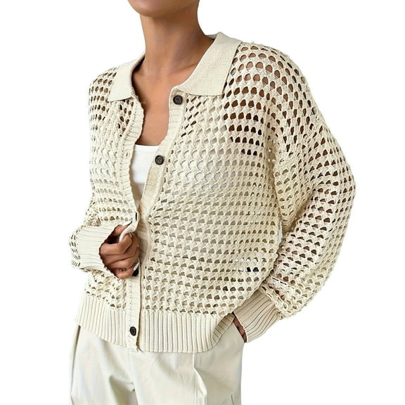 APEXFWDT Women's See Through Knit Cardigan Long Sleeve Button Up Shirt Jacket Hollow Out Light Cover Up for Spring & Fall