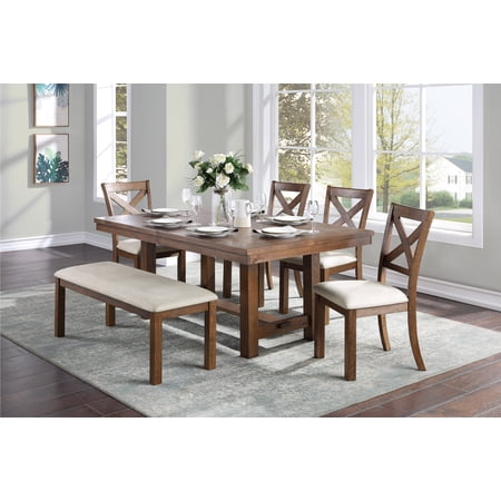 Dining Set 6-Piece Rectangular Acacia Wood Table with 4 X-Back Side Chairs and Bench Brown Finish with Beige Upholstered Seats Transitional Style for Dining Room 42 x 68
