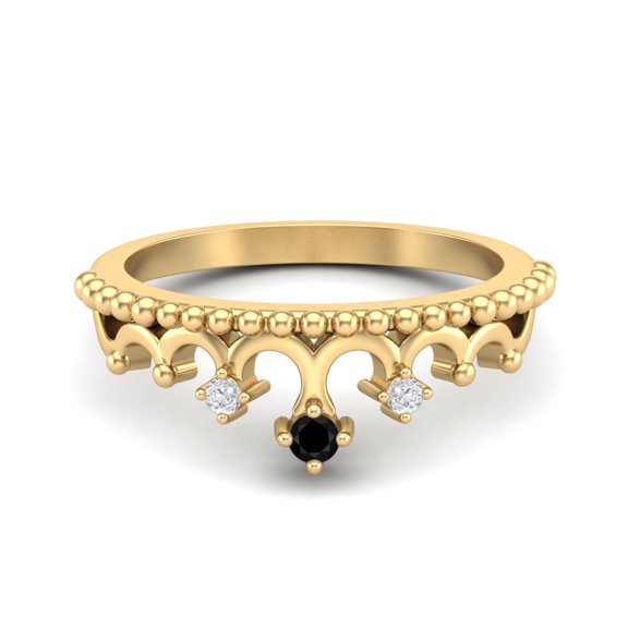 2mm Round Black Spinel 925 Silver Yellow Plated Women Crown Tiara Valentines Day Gifts Ring