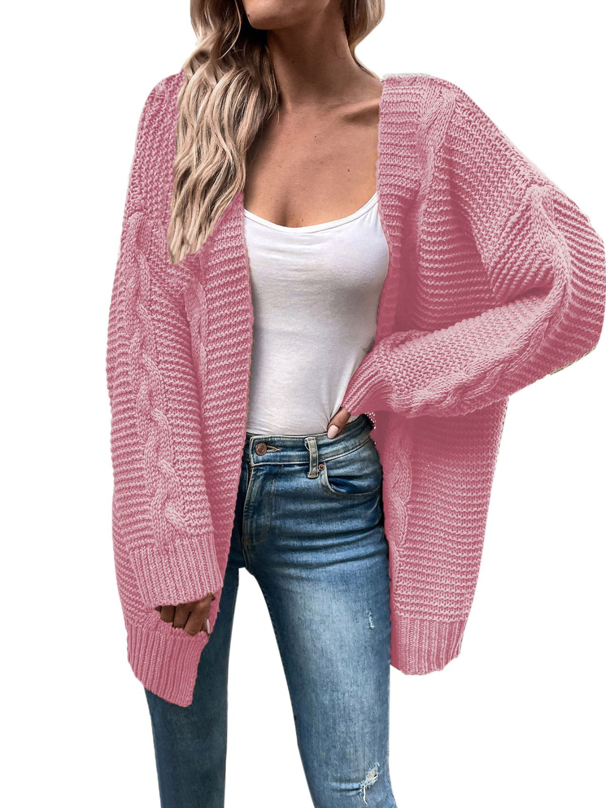 Ketyyh-chn99 Cardigan Sweater Front Soft Outwear Cardigan Button Knit Women Cable for Pink,M Open