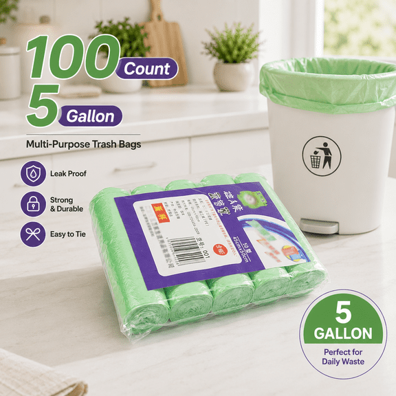 Small Disposable PE Trash Bags, 5 Gallon 17.7 x 19.7 Inch Small Wastebasket Liners for Kitchen Bedroom and Office, Portable Rubbish Bags for Home Waste Management, 100 Count Roll