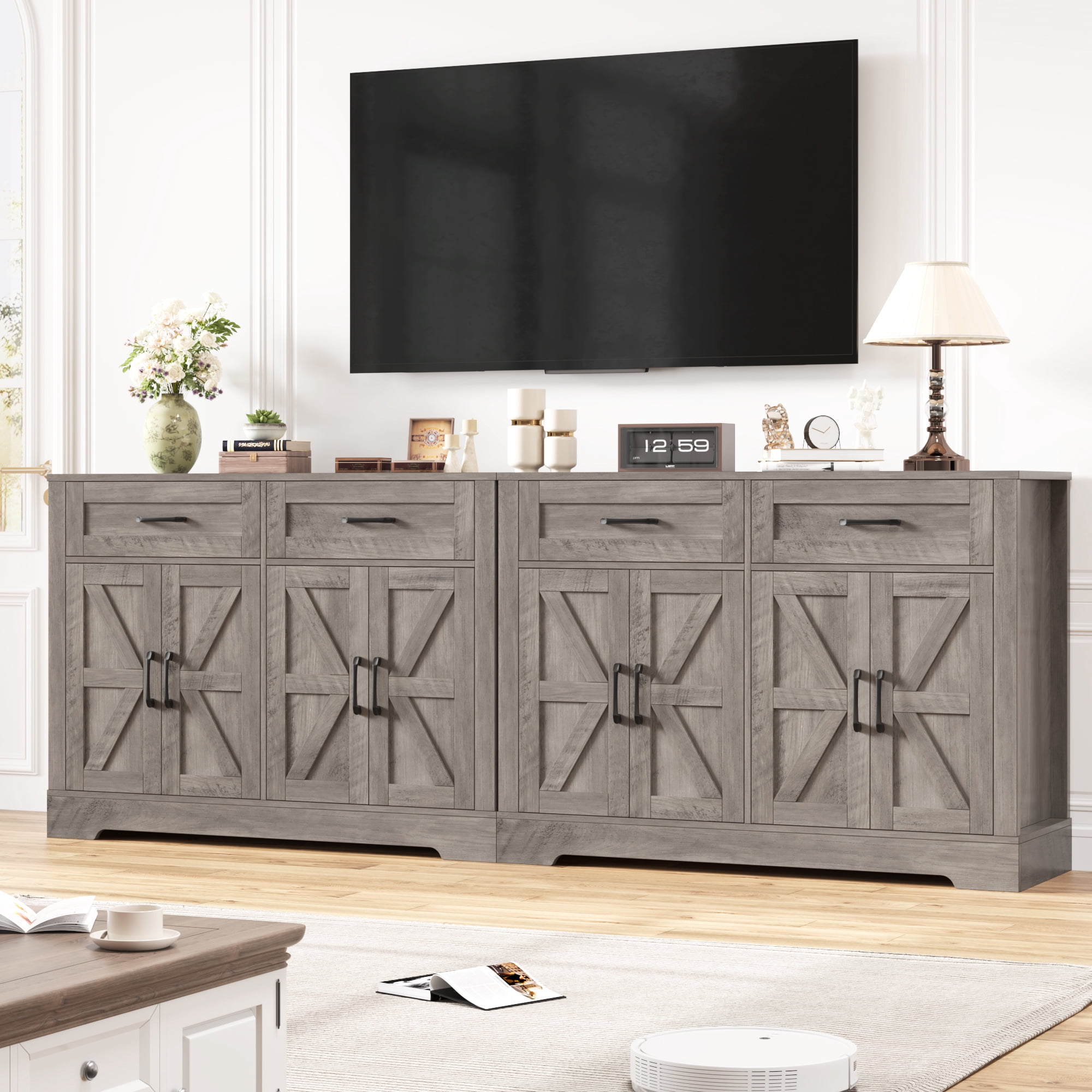Homfa Buffet Cabinet with 2 Drawers and 4 Doors, Kitchen Sideboard Storage Cabinet, Farmhouse Coffee Bar Cabinet for Dining Room, White & Brown, Gray
