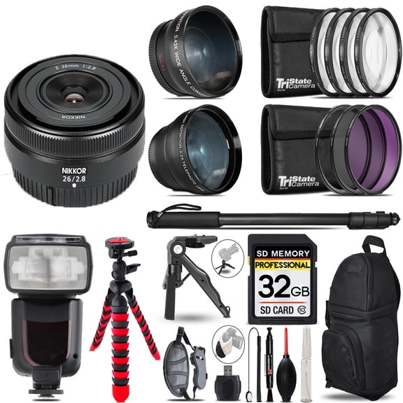Nikon NIKKOR Z 26mm f/2.8 Lens- 3 Lens Kit + Professional Flash - 32GB Accessory Bundle (International Version)