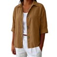 thumbnail image 2 of Sheghy Womens Tops Oversized Urban Solid Cotton Linen Lapel Button Curved Hem 3/4 Sleeve Outer Shirt Brown S, 2 of 7