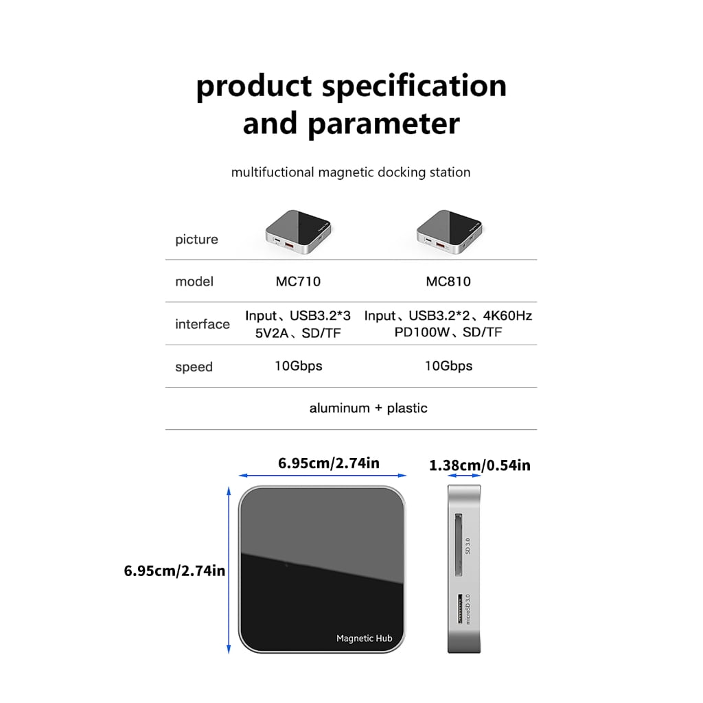 Zeiwohndc Type C Magnetic Adapter 7 in 1/8 in 1 USB C Docking Station USB3.2 10Gbps