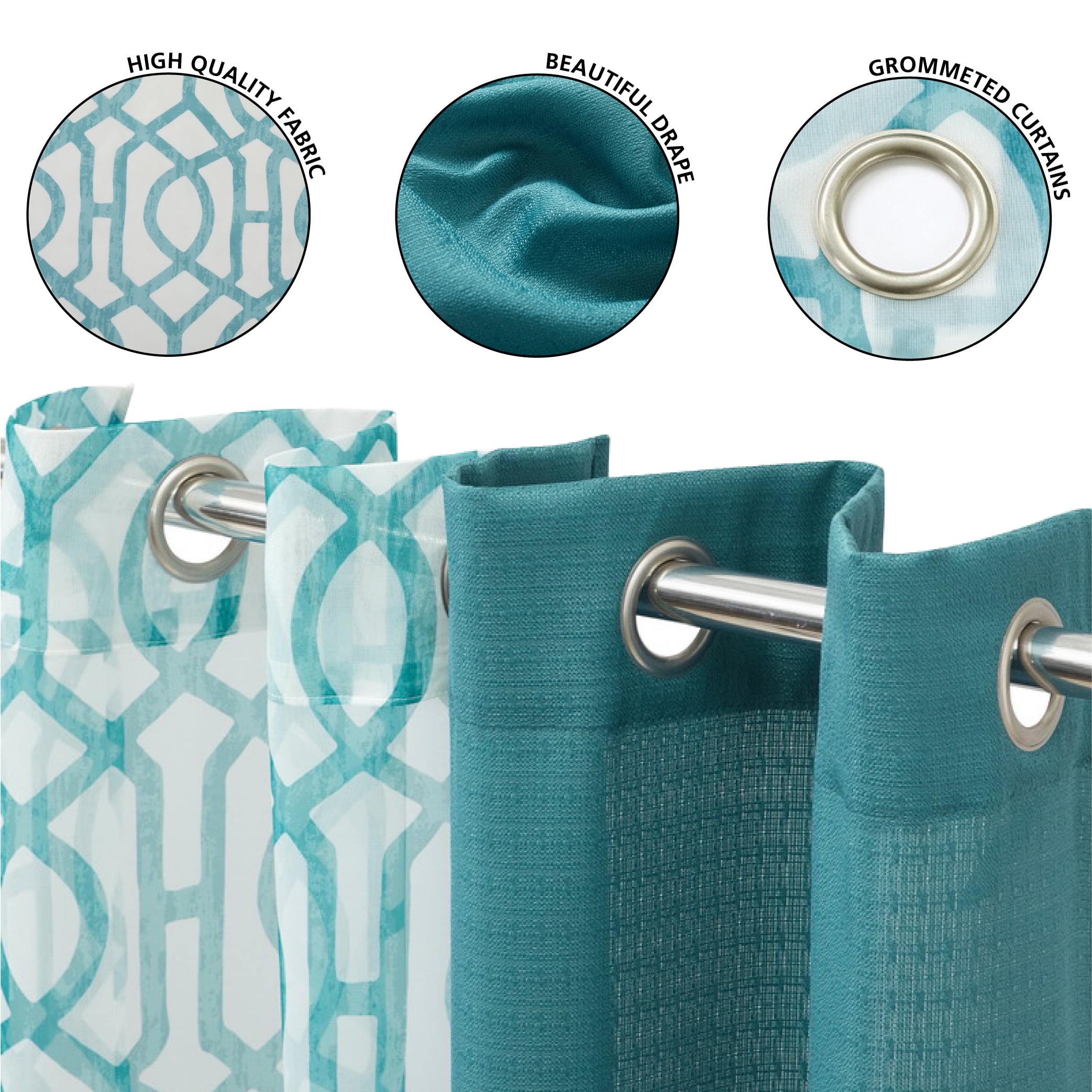Mainstays Kingswood Solid and Printed Sheer Grommet Set, Pacifica Green, 27.5" W x 63" L, Ideal for Living Room or Bedroom