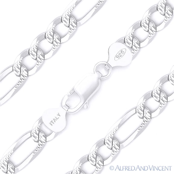8.4mm Figaro / Figaroa Link D-Cut Pave Italian Chain Bracelet in .925 Sterling Silver