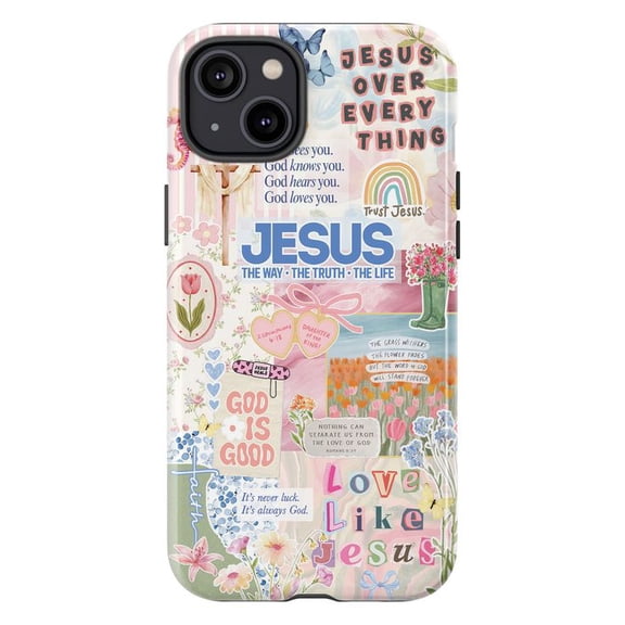 Jesus Over Everything Christian Phone Case, Pink Faith Aesthetic Collage iPhone Cover for iPhone 17 16 15 14 13 12 11 Pro Plus Mini