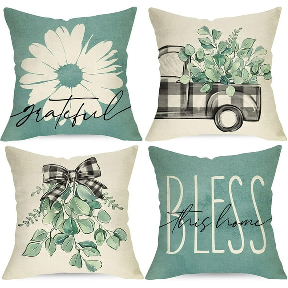 Spring Summer Eucalyptus Leaves Daisy Decorative Throw Pillow Covers 18 x 18 Set of 4, Buffalo Plaid Truck Farmhouse Sage Green Cushion Case Decor, Bless Home Seasonal Decoration for Sofa Couch