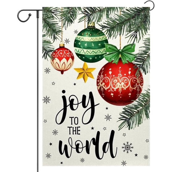Christmas Garden Flag 12x18 Inch Joy To The World Winter Outdoor Yard Flag Double Sided Small Burlap Family Xmas Balls Holiday Yard Outside Decorative Flag (Beige)