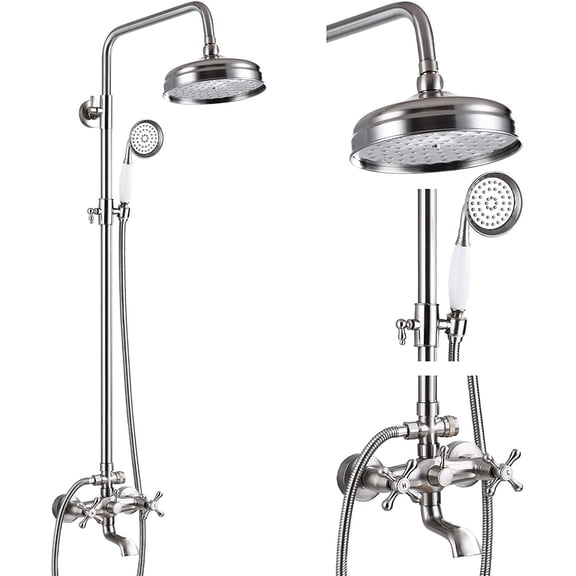 Brushed Nickel Exposed Shower Faucet System 8" Rain Shower Head with Handle Set