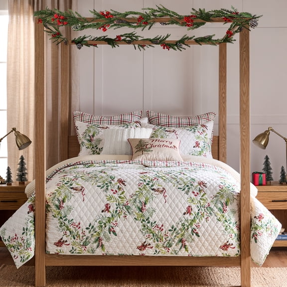 Levtex Home - Tinsel Tidings - Red Green White - Twin Quilt (68x86in.) - Christmas - Reversible - Cotton