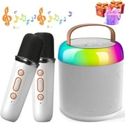 Ficcug Bluetooth Karaoke Machine for Adults and Kids with 2 Wireless Microphone / Colorful Lights,Mini Singing Machine Portable Speaker System for Birthday Christmas Gift,White