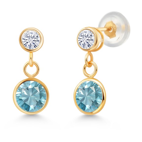 Gem Stone King 14k Yellow Gold Blue Zircon and White Moissanite Two Stone Dangle Earrings for Women (2.60 Cttw, Gemstone, Round 6MM, Round 3MM)