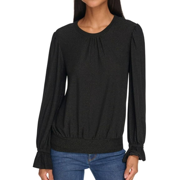 Karl Lagerfeld Womens Ruffled Cuff Pullover Blouse, Black, Small